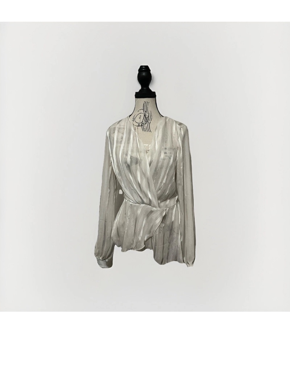 Y2K Women's Cream Size Medium Sheer Striped V Neck Long Sleeve Wrap Top Blouse - Picture 7 of 7